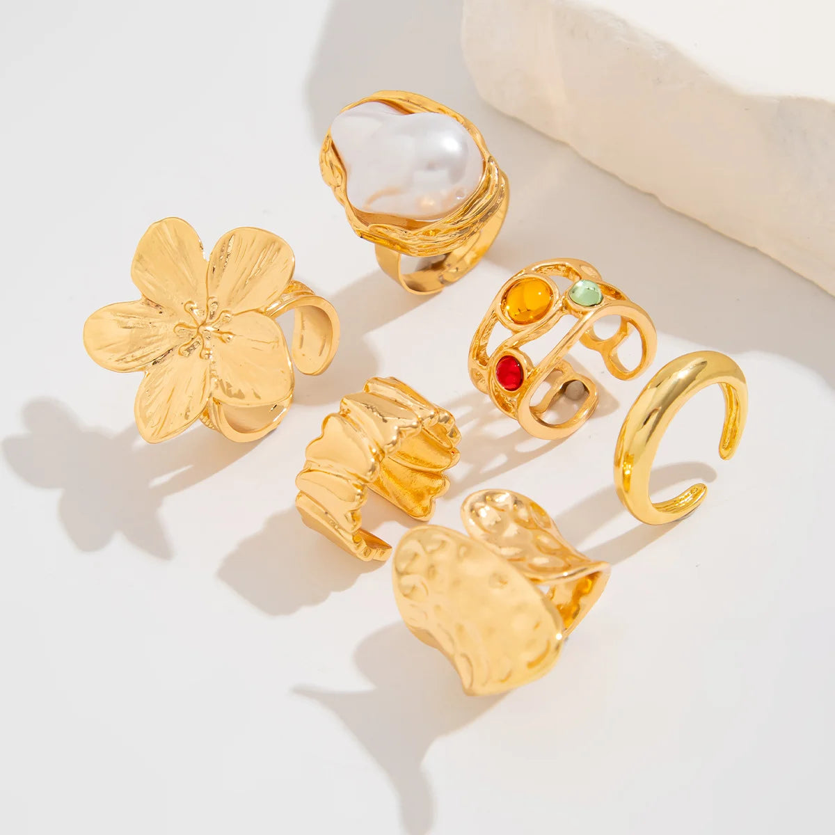 6tlg/Set Vintage Metall Blumen Ring Set für Damen Punk Elegant Barock Imitationsperlen Knöchelringe Alltag Party Urlaubsgeschenke