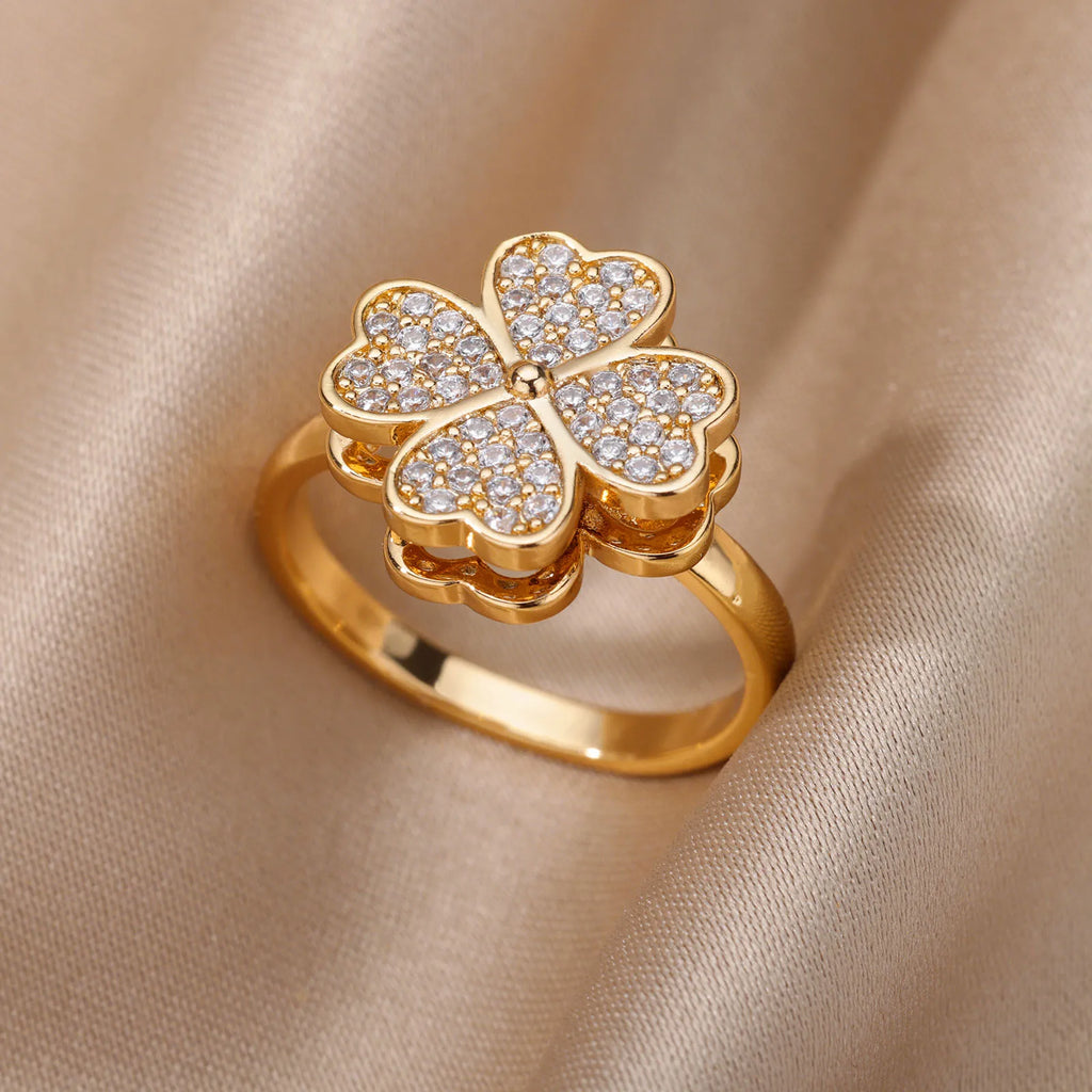 Zirkon Drehbare Vierblättrige Kleeblatt Angst-Ringe für Damen Edelstahl Anti-Stress Fidget Spinner Ring Ästhetischer Schmuck Geschenk