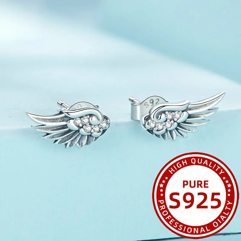 Pendientes elegantes para mujer con alas de pluma de ángel, 1,12g, plata 925, adecuados para uso diario, fiestas, vacaciones, regalos