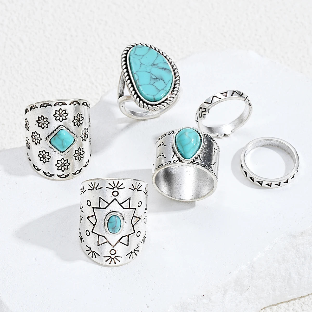 10tlg. Trendy Western Style Ring-Set für Damen und Herren Vintage Türkis Bullenkopf Lotus Sonnen Design Ring Alltagsoutfit Schmuck Geschenke