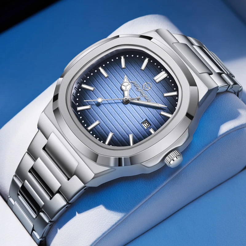 2026 Nuevo reloj de pulsera de lujo militar para hombre, cuadrado, impermeable, luminoso, con fecha y semana, reloj de cuarzo de acero inoxidable para hombre, Reloj+caja