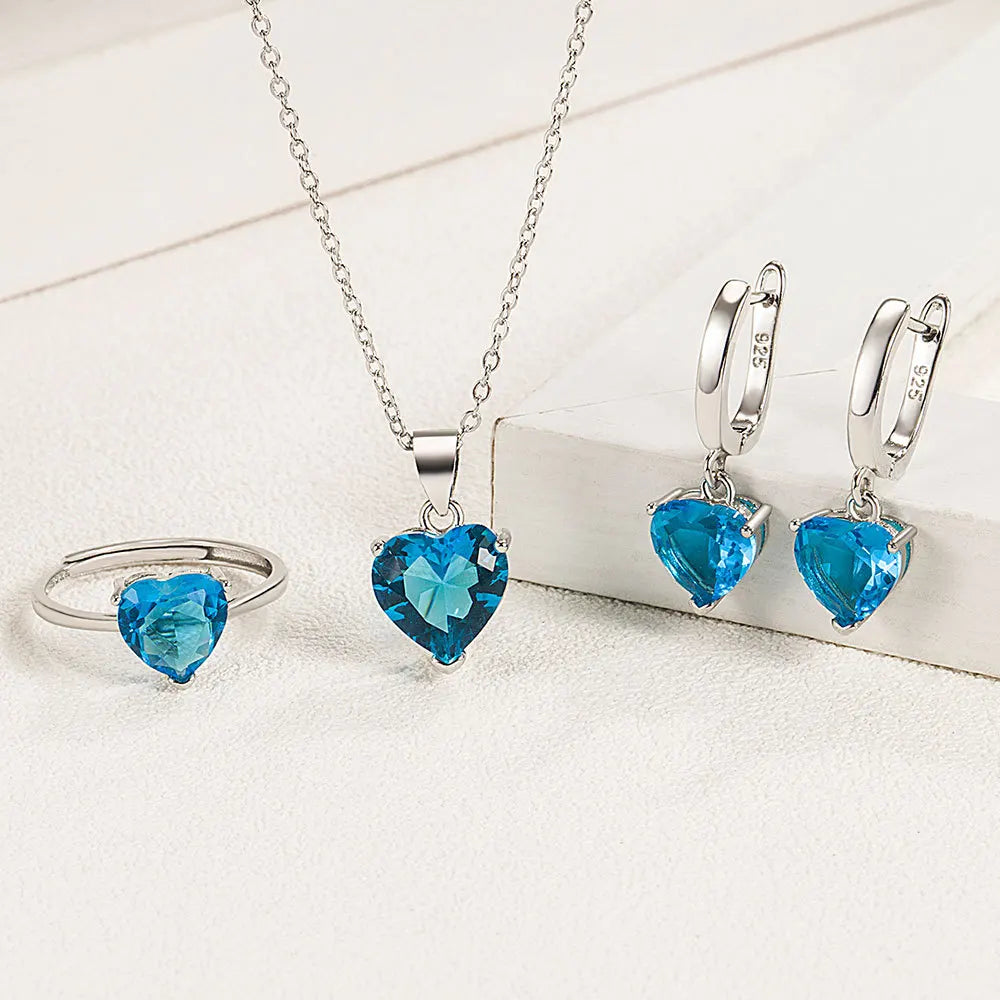 Juegos de joyería de plata 925 con circón en forma de corazón, elegantes, para mujer, pendientes de anillo, collar, accesorios de boda, novia, compromiso