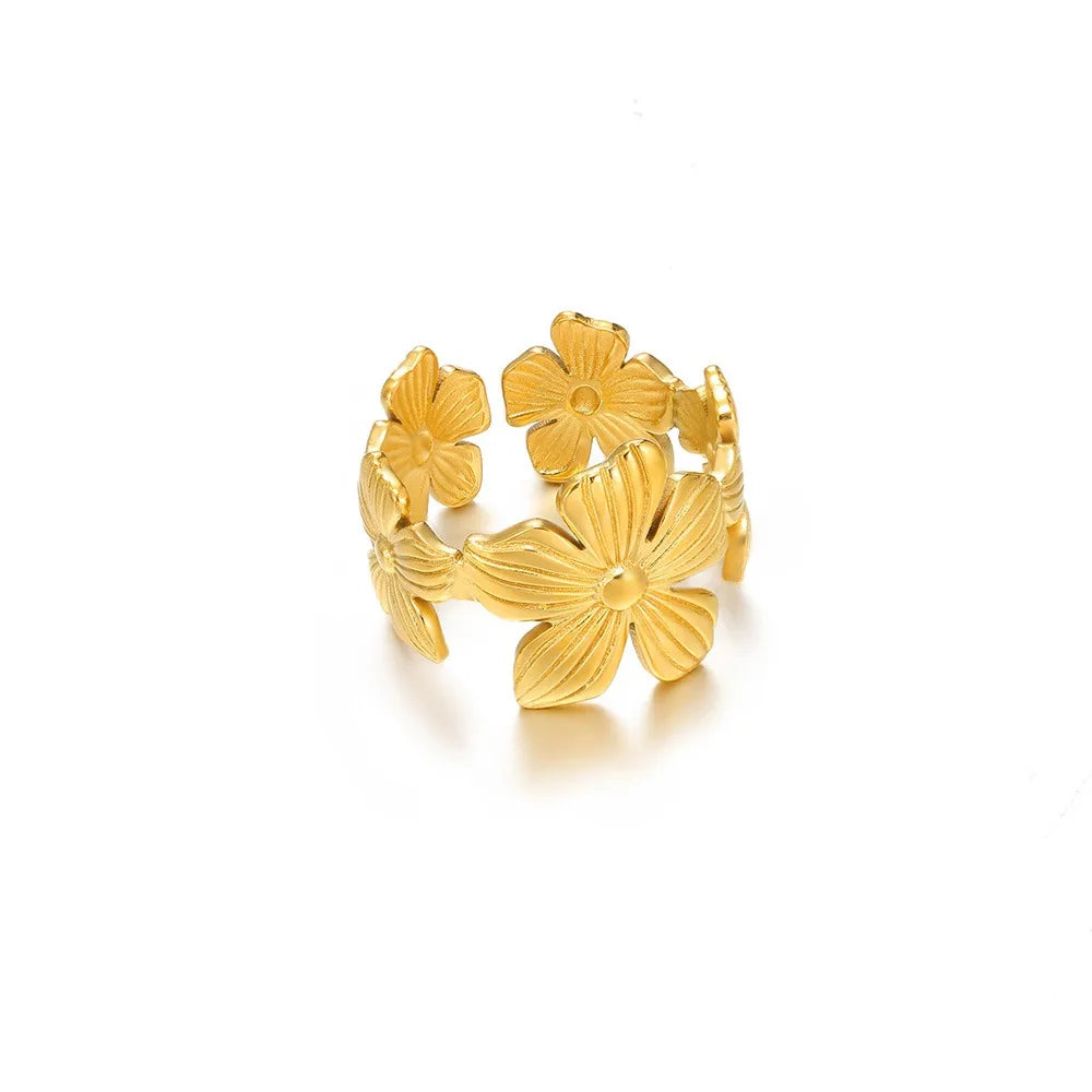 Einzigartiges Design Blumenringe für Frauen Geometrischer Edelstahl Blumenöffnung Ring Goldfarbener Schmuck Geschenk Anillos