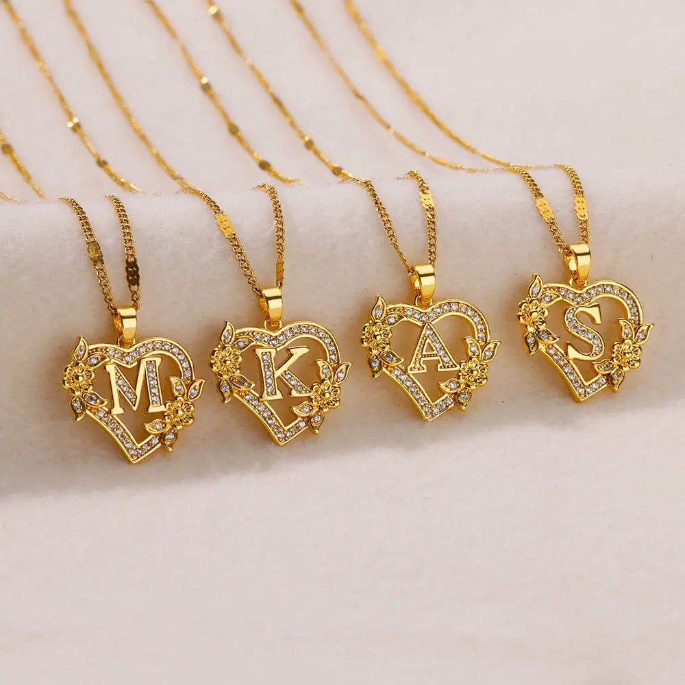 Zircon Flower Initials Necklaces For Women Stainless Steel Heart Gold Color Letter Chain Collar 2025 New Trend Wedding Jewelry