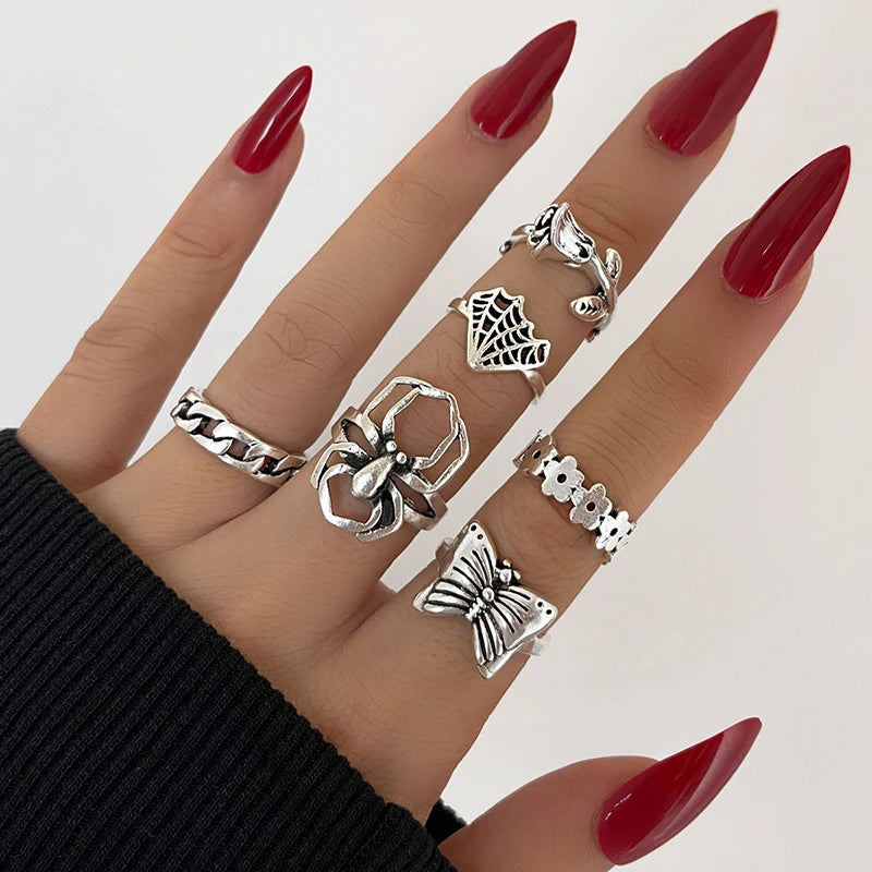 Anillo de elementos múltiples de metal estilo Punk vintage para mujer y hombre, anillos de dedo de calavera de serpiente mariposa de Color plata antigua, joyería gótica