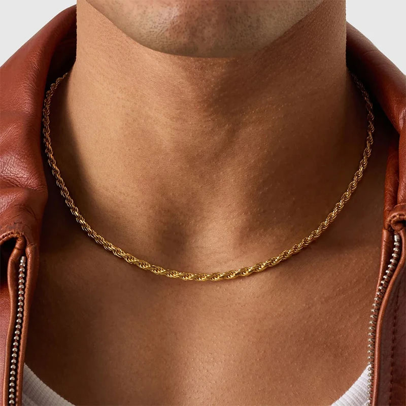 Cadena de cuerda clásica impermeable de 3 mm de acero inoxidable chapado en oro de 18 quilates para hombre y mujer, accesorios de joyería