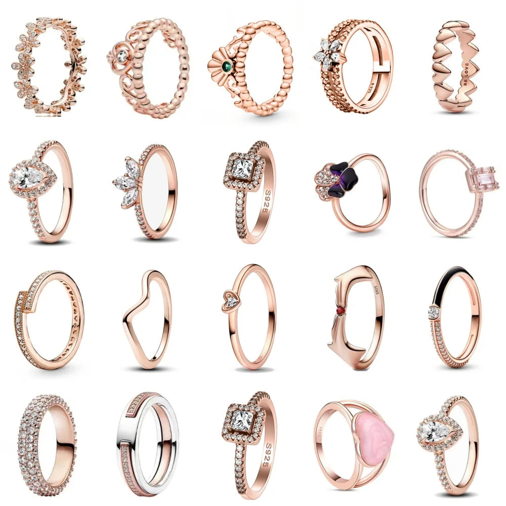 Ring aus Roségold mit Kleeblatt, Herz, Pink, Neu, Bestseller, 925er Silber, geeignet zum Kombinieren, DIY Geburtstagsgeschenk