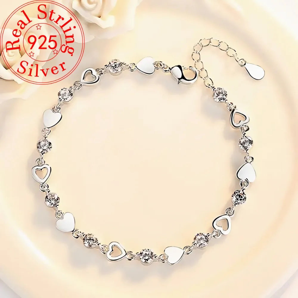 925 Sterling Silber Herzförmige Halskette Armband Set für Frauen Vintage Koreanischer Blauer Kristall Armbänder Schmuckset Party Schmuck
