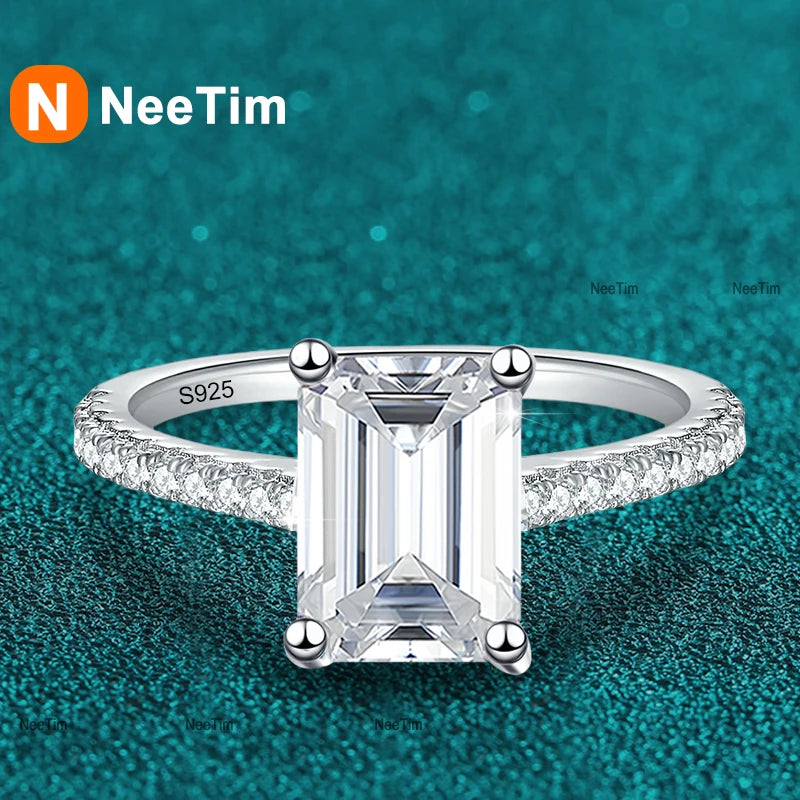 Anillo de moissanita NeeTim 1CT 2CT talla esmeralda radiante para mujer, compromiso, boda, laboratorio de diamantes de plata de ley 925, anillos de joyería