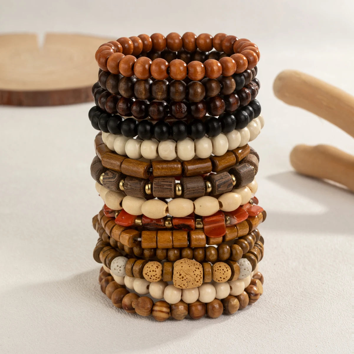 14 piece Bohemian style colorful wooden bead multi-layer layered neutral bracelet set suitable for gift giving
