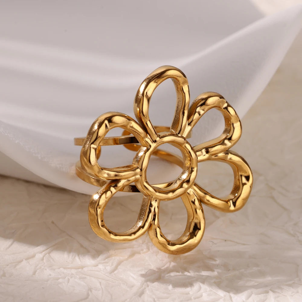 Edelstahl Blume Große Offene Ringe Für Frauen Gold Farbe Nachahmung Perle Hohlring Trendiger Ästhetischer Schmuck Geschenke