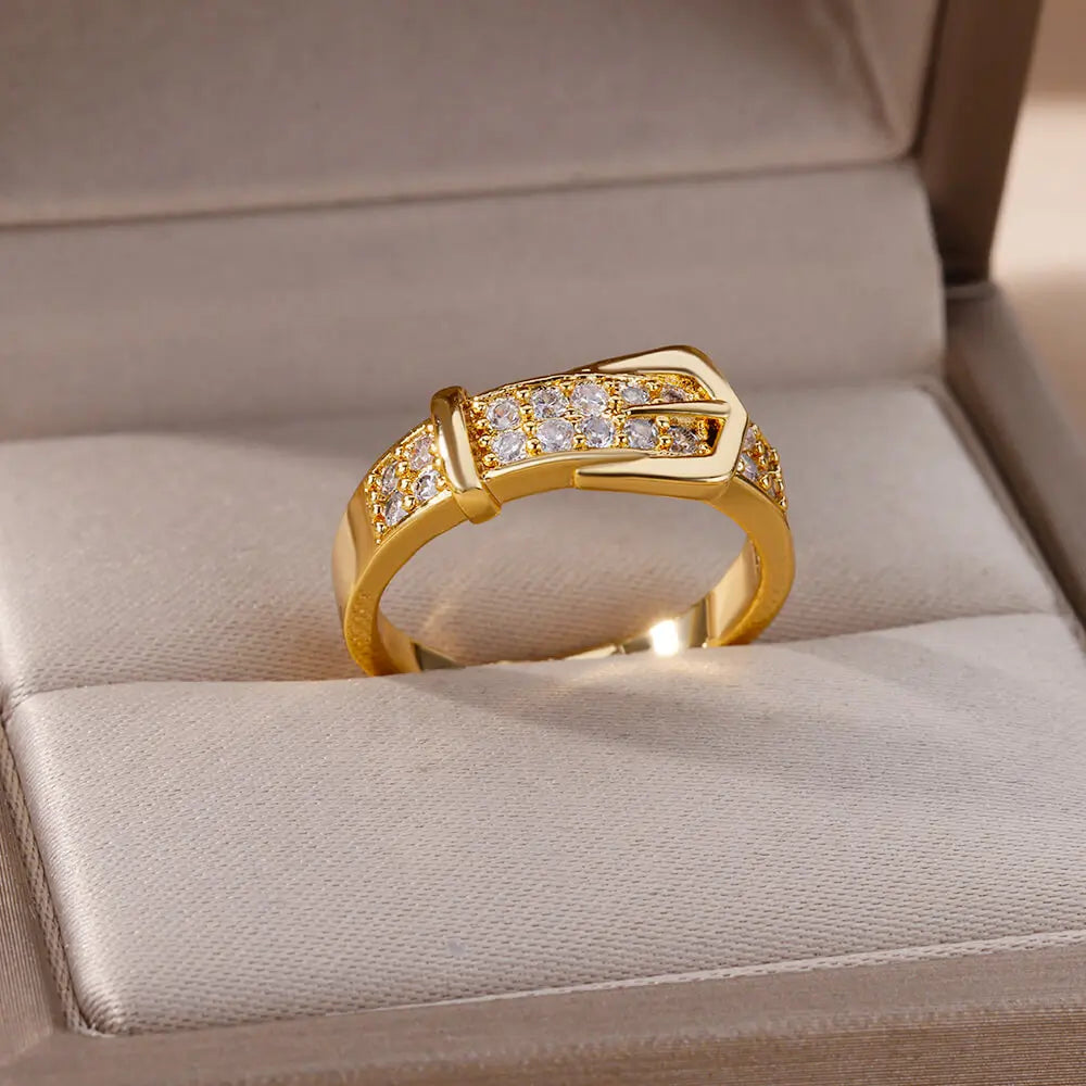Edelstahl Gürtelringe für Damen Zirkon Verstellbarer Gürtel Fingerring Femme Geometrische Hochzeit Ästhetischer Schmuck Geschenk anillos