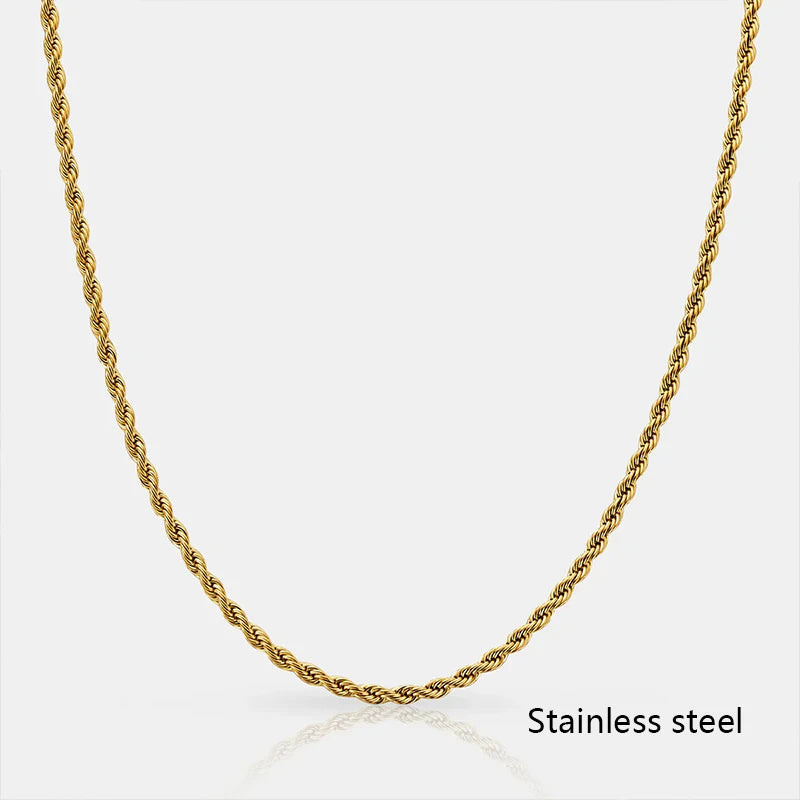 Cadena de cuerda clásica impermeable de 3 mm de acero inoxidable chapado en oro de 18 quilates para hombre y mujer, accesorios de joyería