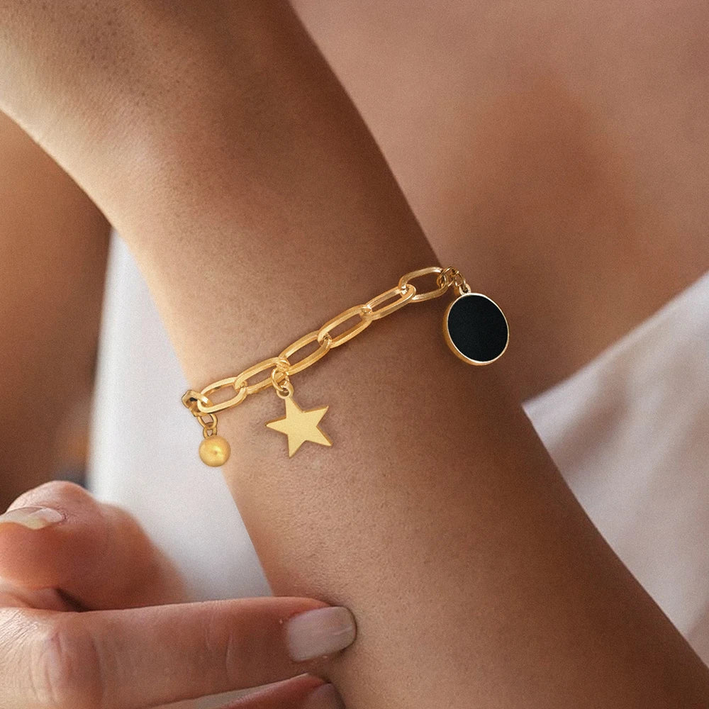 Edelstahlarmbänder Retro-Stern-Anhänger Büroklammer-Kette Schwarz Hell Luxus-Armband für Damen Schmuck Feiertage Bankett Geschenk