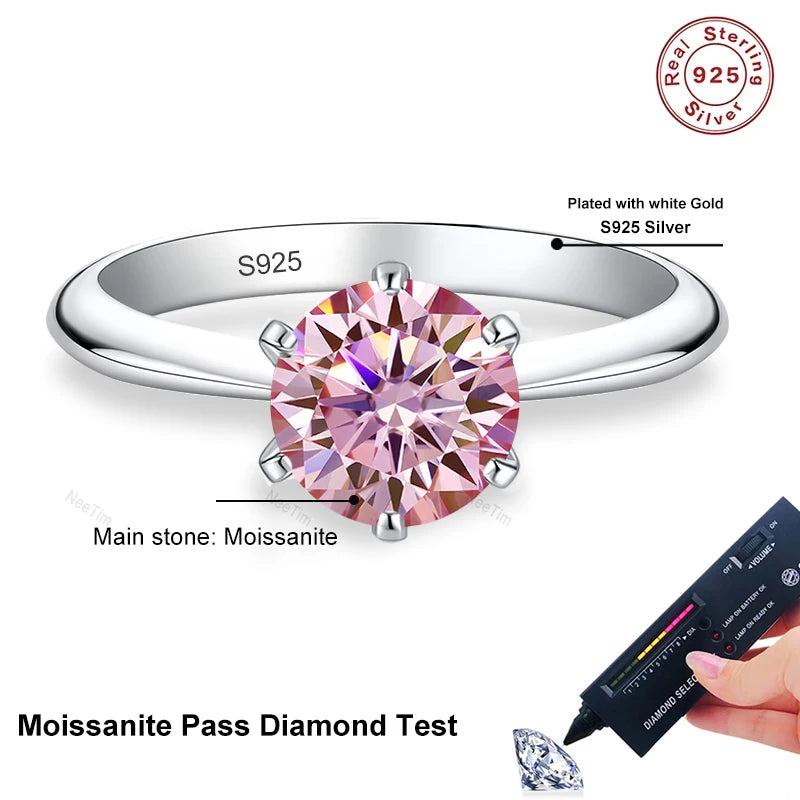 Anillos de Moissanita azules, rosas, morados y negros de 0.5ct 1ct 2ct 3ct de NeeTim para mujer, de plata de ley 925, banda para fiesta de boda, anillo de mujer