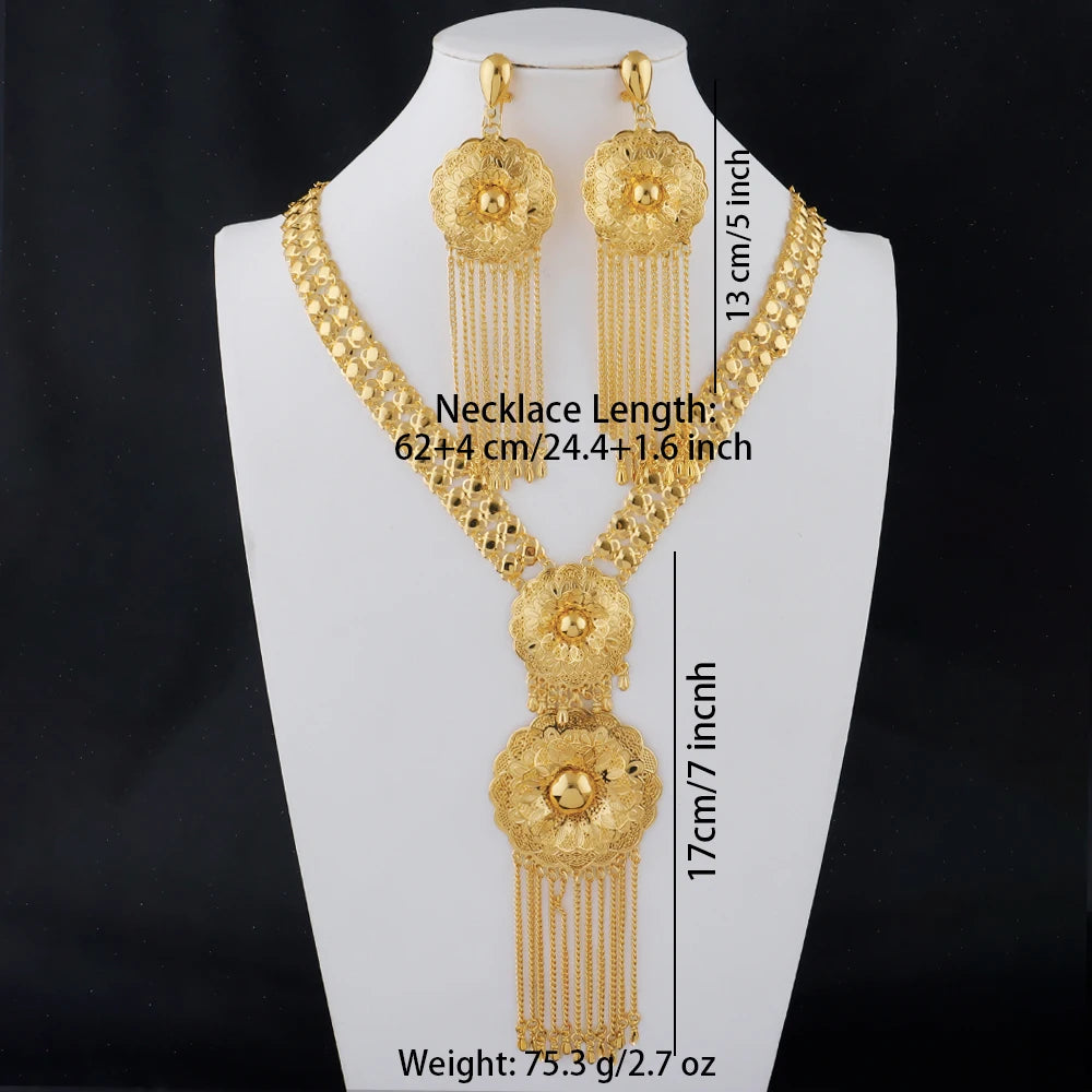 Neues indisches Goldfarbenes langes Halsketten-Set Nigerianische Party Braut Hochzeit Luxus Dubai Ohrringe Schmuck Damen Valentinstagsgeschenk