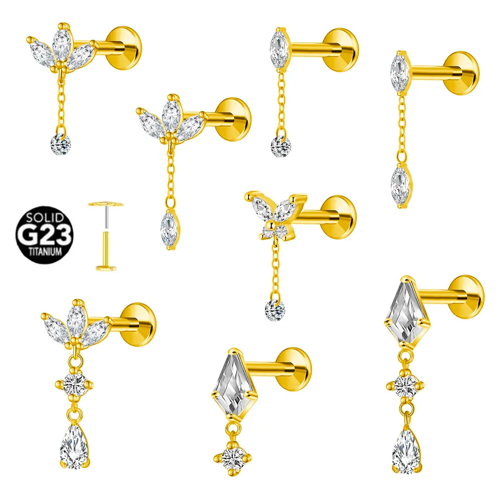 ASTM F136 G23 Titan Horse Eye Zirkon Krone Quaste Piercing Flacher Ohrring Knorpelkette Push-In Labret Stecker