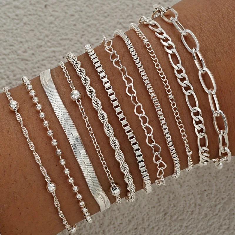 11-teiliges Set Boho Gedrehte Flache Schlangenketten-Fußkette für Frauen Sommer Strand Vintage Barfuß-Fußkettchen am Bein Schmuckzubehör