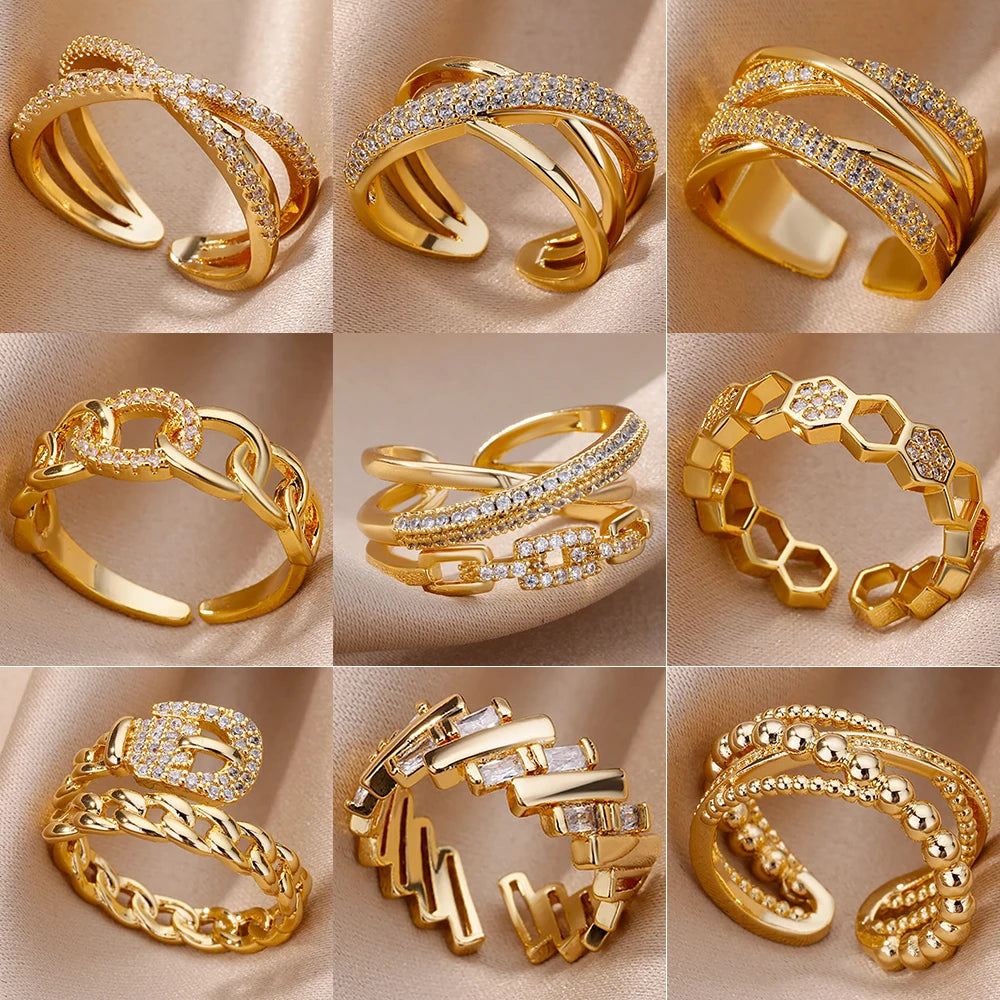 Anillos de acero inoxidable de color dorado a la moda para mujer, cadena hueca de cristal de circón, joyería para dedo, regalo 2023, anillos mujer