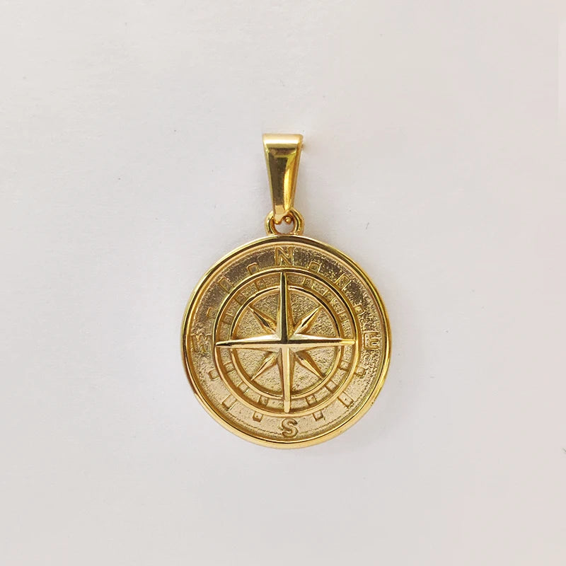 Collar con colgante de brújula de acero inoxidable chapado en oro de 18 quilates - Diseño de moneda redonda para hombres y mujeres, regalo de joyería unisex impermeable