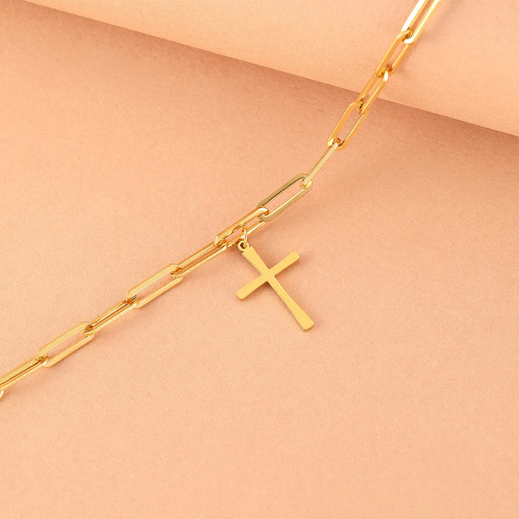 Cross Gold Color Pendant Necklaces for Women Stainless Steel Christian Jewelry Long Chain Necklace Gift