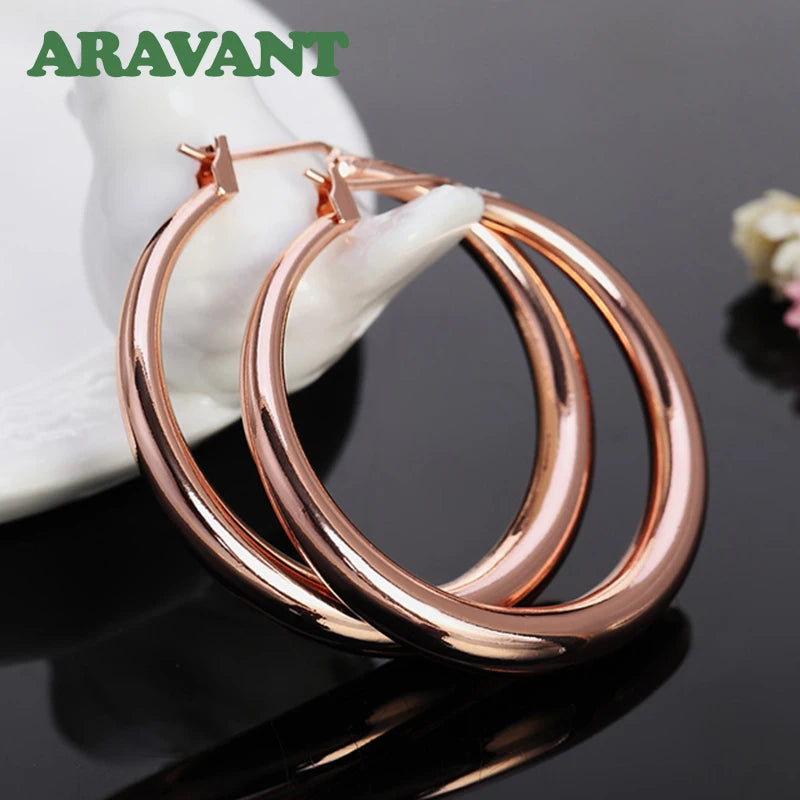 Aravant Aretes de aro de oro rosa de 35 mm de plata 925 para mujer, joyería de moda para niñas