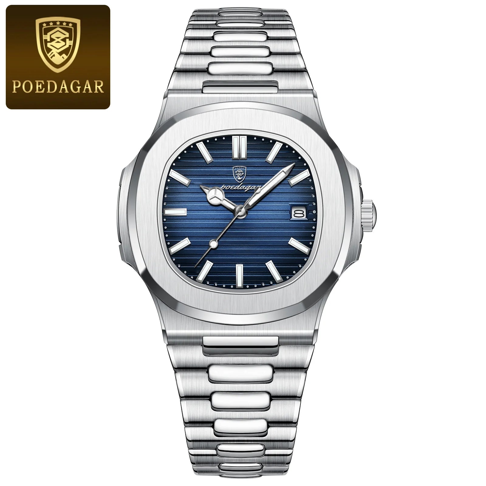 POEDAGAR Reloj de Cuarzo Cuadrado de Moda para Hombre, Impermeable, Luminoso, con Fecha, de Acero Inoxidable, Reloj de Hombre de Negocios de Lujo