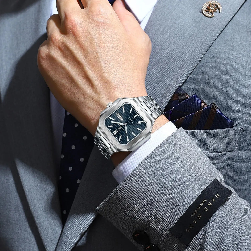 POEDAGAR Reloj de Pulsera Cuadrado de Moda para Hombre, Impermeable, Luminoso, Fecha, Semana, Cuarzo, para Hombre, Reloj de Lujo de Acero Inoxidable para Hombre, Reloj