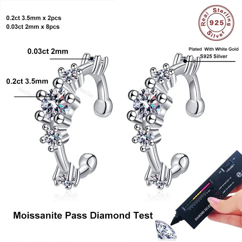 NeeTim Pendientes de Clip de Moissanita Completa para Mujer, de Lujo, Calidad Hip Hop, Fiesta, Plata de Ley 925 con Baño de Oro Blanco, Pendientes de Aro