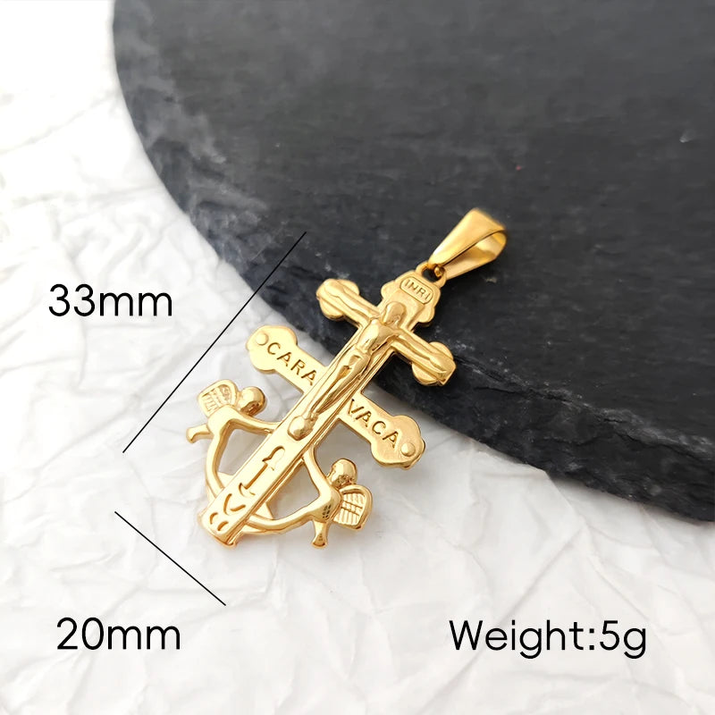 Colgante Cruz de Caravaca con Cristo y Ángeles en Relieve de Acero Inoxidable Abalorios Cruz de Caravaca Accesorios DIY