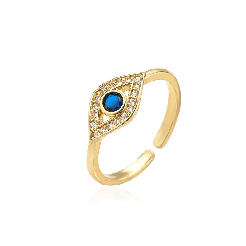 NEWBUY 2024 Mode Goldfarbe Kupfer Hochzeitsschmuck AAA CZ Böses Auge Design Offener Ring Für Frauen Mädchen Verlobungsgeschenk
