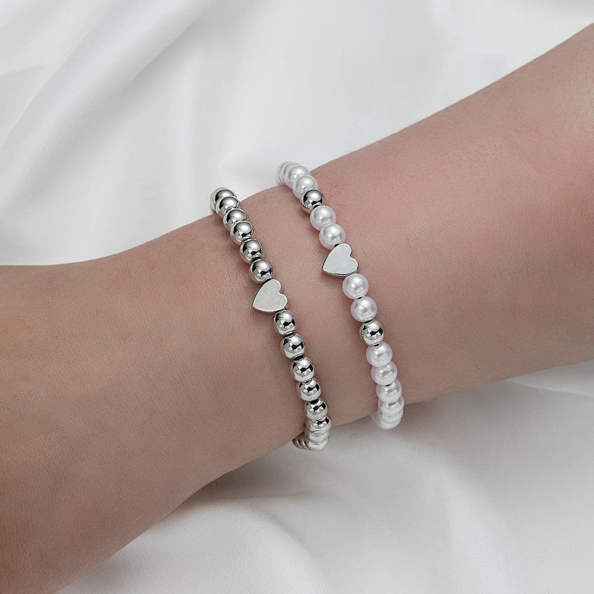 2 PSC Love Imitation Pearl Beaded Adjustable Rope Chain Valentine's Day Jewelry Gift Couple Bracelet