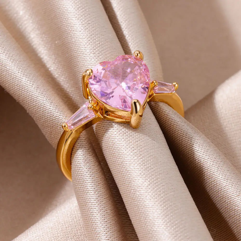 Rosafarbene Zirkon-Herzringe für Damen Vergoldeter Edelstahl Verstellbarer Herzring 2023 Trend Hochzeits-Ästhetik Schmuck Geschenk