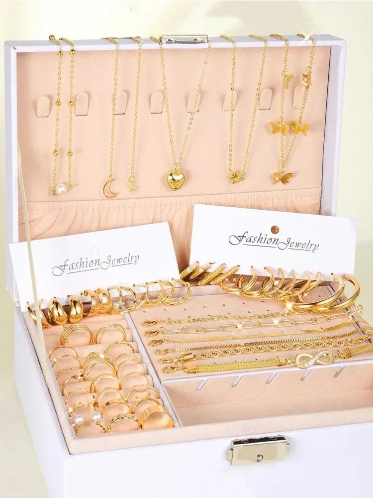 Neue 57-teilige Schmucksets für Damen, Metall, breite Ohrringe, Halsketten, Armbänder, Fußkettchen, Ringe, Kombinationsset