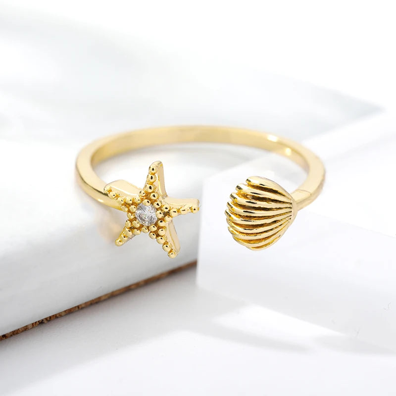 Ozean Seestern Muschel Offene Ringe Für Frauen Goldfarben Edelstahlring Sommer Strand Ästhetik Wasserdichter Schmuck Geschenk
