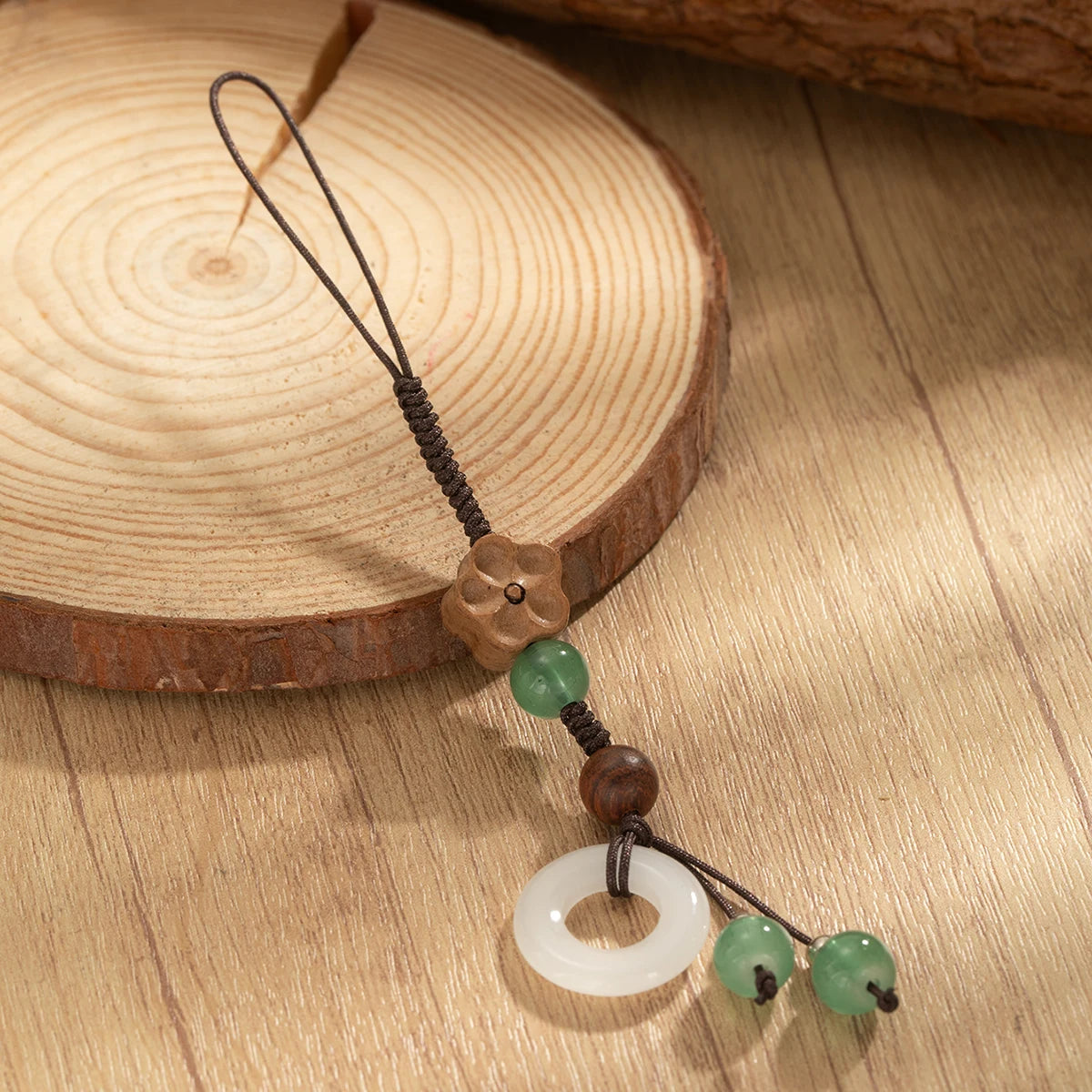 Vintage style wooden plum blossom woven ring wall round bead tassel phone chain