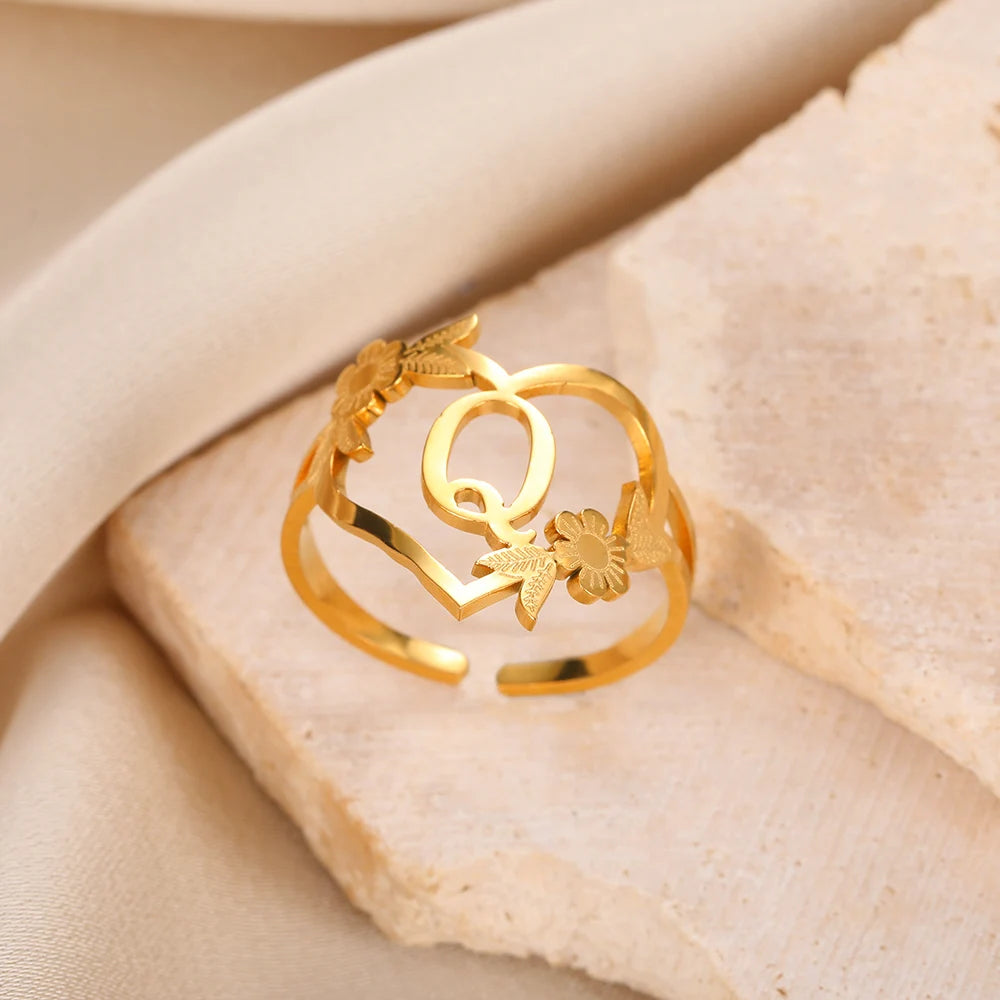 Edelstahl Initialen Buchstaben Herzringe für Frauen Mädchen Goldfarben Blumen Alphabet Ring Mode Valentinstags Schmuck Geschenk