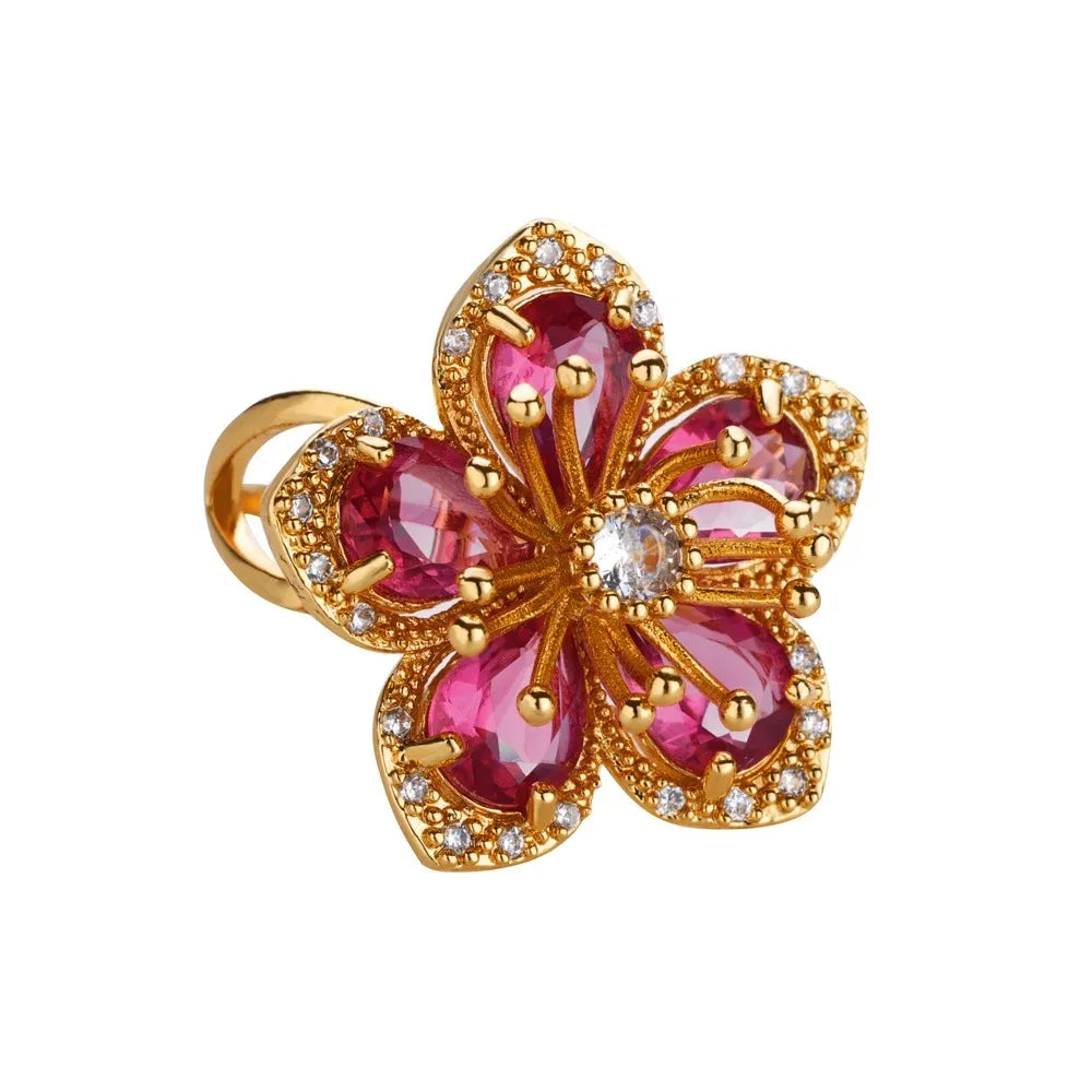 Rosa Zirkonia Blumenringe für Frauen Goldfarbener Edelstahlring 2025 Trend Elegante florale Luxus-Ästhetik Schmuck Anillos