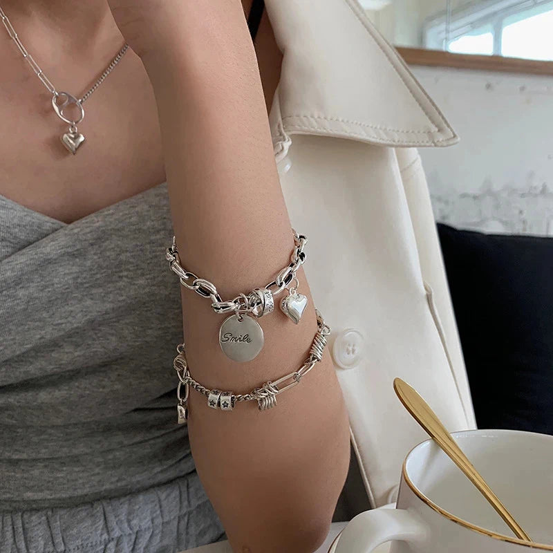 Sterling Silver plated Thai Silver Bracelet for Women Vintage Geometric Heart Love Lucky Punk Jewelry 2023 New Dropship