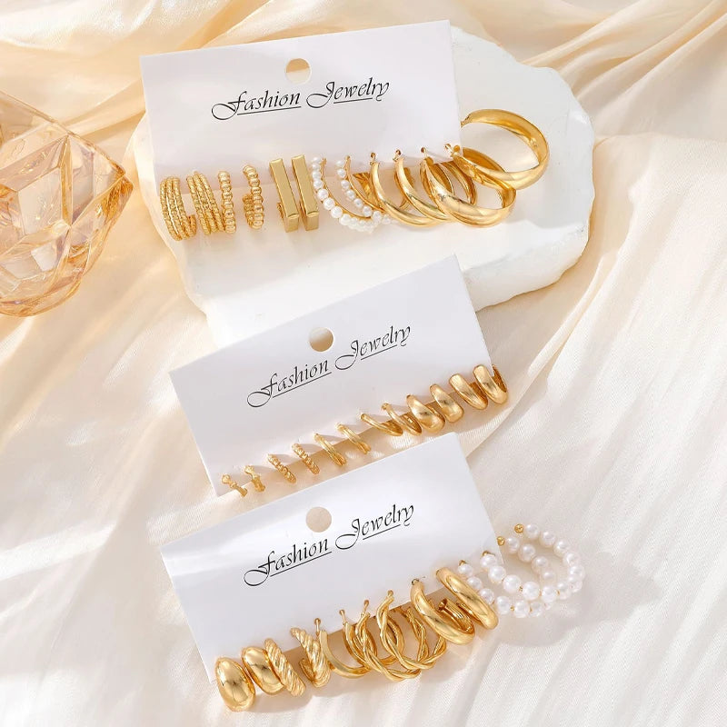 Modische geometrische Creolen Set für Damen Vintage Böhmische Perle Goldfarbe Runde Ohrringe Punk Alltagsschmuck Geschenke 2025