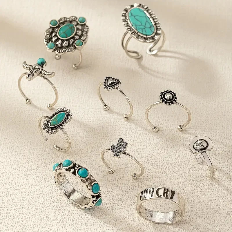 10tlg. Trendy Western Style Ring-Set für Damen und Herren Vintage Türkis Bullenkopf Lotus Sonnen Design Ring Alltagsoutfit Schmuck Geschenke