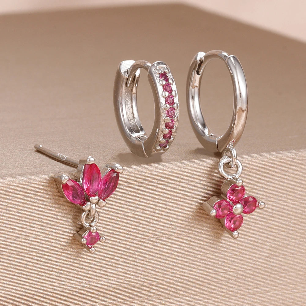 3 Paar modische orange-blaue Zirkon-Hängeohrringe für Damen, Edelstahl-Blumen-Baumelohrringe, Piercing-Schmuckset