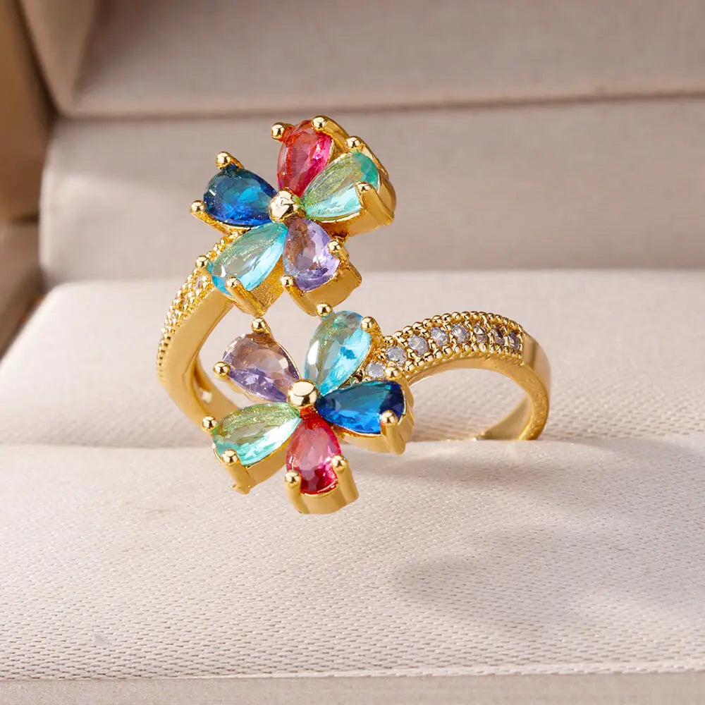 Bunte Zirkon-Doppelblumenringe für Damen, vergoldeter Edelstahl, Blumenöffnungsring, Hochzeit, ästhetischer Schmuck, Geschenk 2023