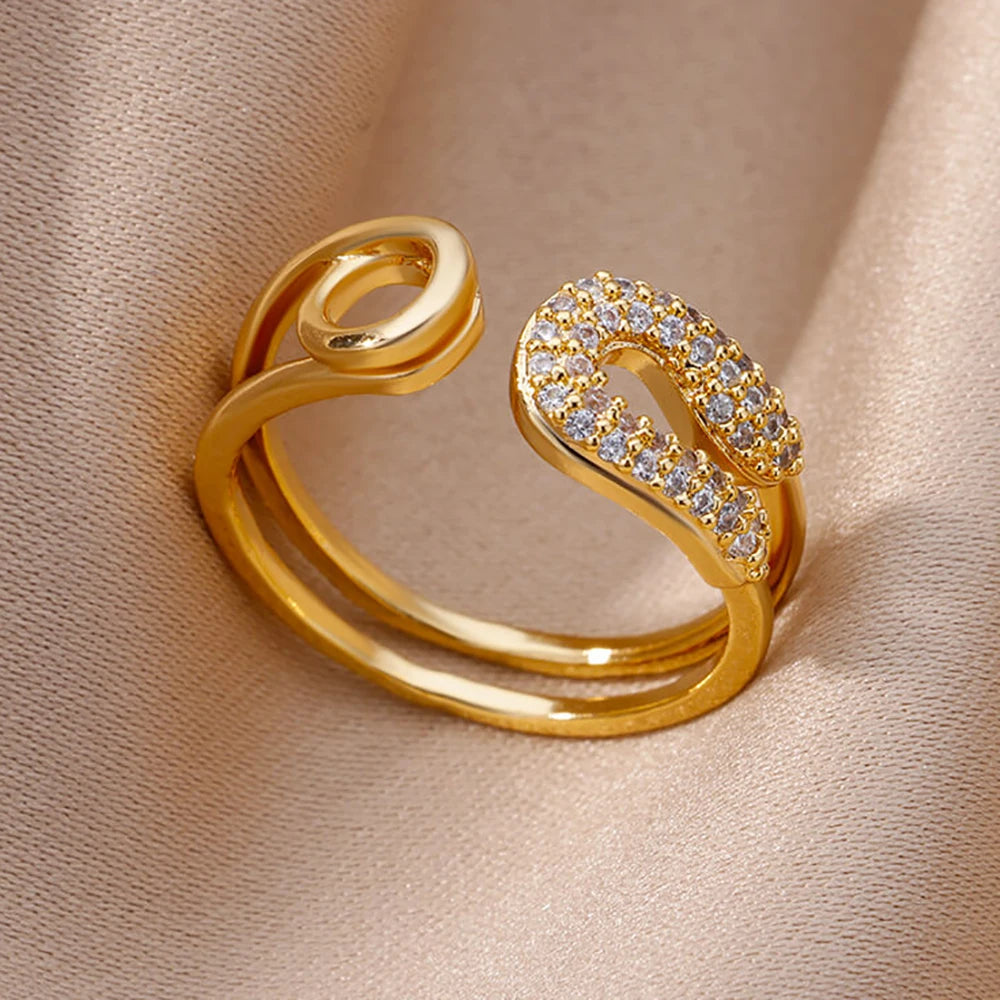 Zirkon-Ketten-Kreuzringe für Damen Vintage Goldfarbe Edelstahl Geometrischer offener Ring Mode Hochzeit Ästhetischer Schmuck Geschenk