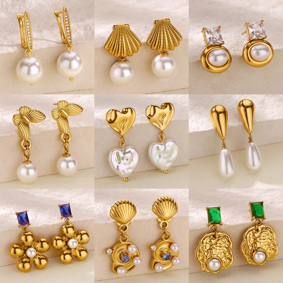 Elegante Imitationsperlen-Ohrringe für Damen Edelstahl Herz Schmetterling Muschel Tropfenohrringe Luxuriöser Ästhetischer Schmuck als Geschenk