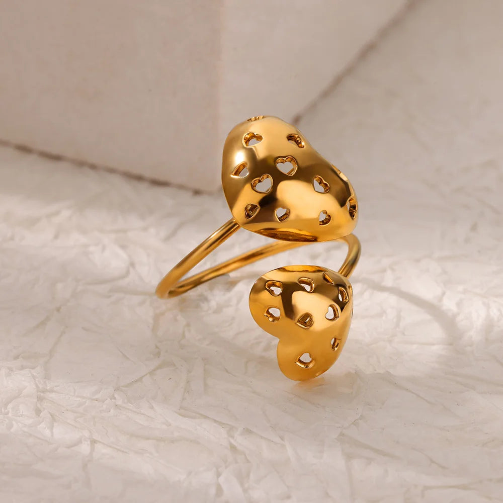 Anillos de doble corazón para mujer, color dorado, acero inoxidable, anillo abierto ajustable, joyería estética de moda para fiesta o boda, regalo