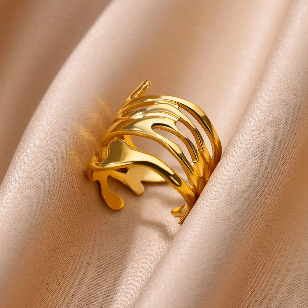 Edelstahl Blumenringe für Frauen Goldfarbe Muschel Seestern Mehrschichtiger Aushöhlungsring Modeschmuck Hochzeitsgeschenke