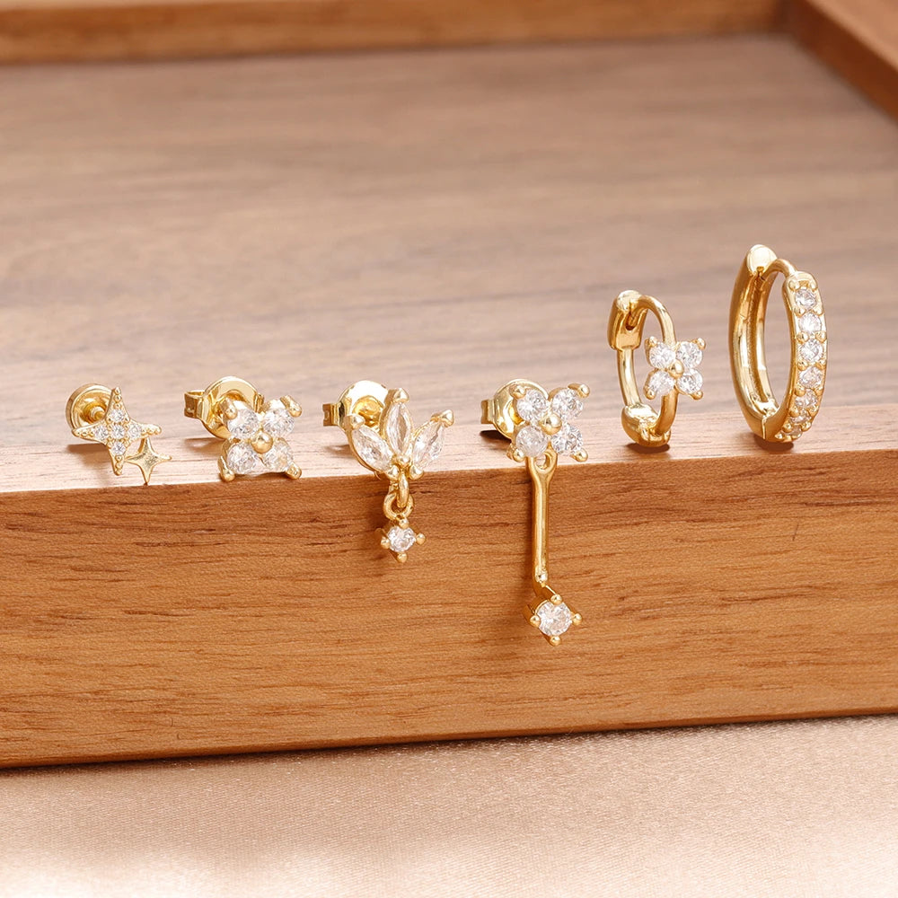 6PCS Fashion Cute Zircon Flower Ear Stud For Women Fashion 18K Gold Plated Star Ear Stud Earring Piercing Girl Set Jewelry Gift