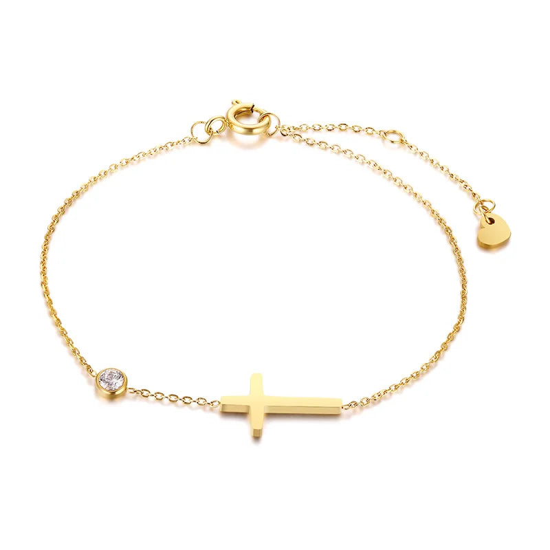 Geburtsstein Zirkonia dünnes Kettenarmband Kreuz Edelstahl Damen verstellbares geschichtetes Armband