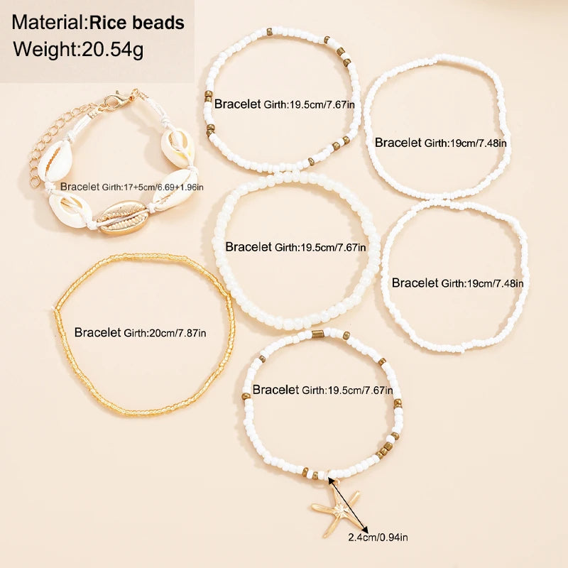 7tlg./Set Böhmisches Urlaubs-Muschel-Perlen-Armband, handgewebt, Seestern-Reiskorn-Armband-Set für Damen, Strandparty, Küstenurlaub